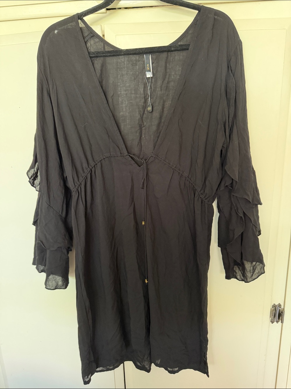 Vix Black V-Neck Tiered Sleeve Tunic with Drawcord